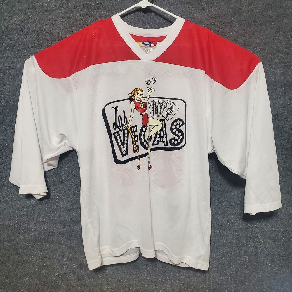 Y2K GEAR Hockey Las Vegas Pinup Girl Jersey Mens Large White Red Casino Dice